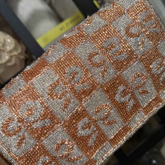 Anthropologie Fiona beaded shoulder bag bows metallic bronze mixed coquette - Picture 3 of 7